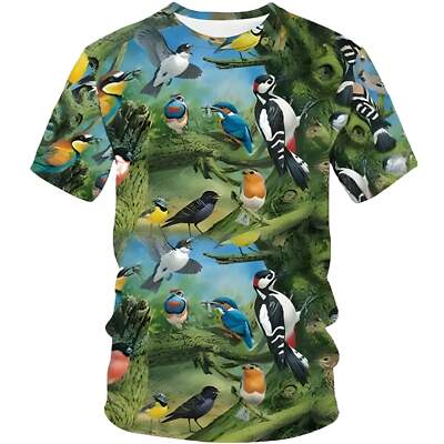 3D Seaside Bird Print Casual Short Sleeve T-Shirt for Teens in Green, Straight F-image