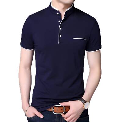 Casual Solid Color Short Sleeve Cotton Shirt with Stand Collar for Leisure Wear-image
