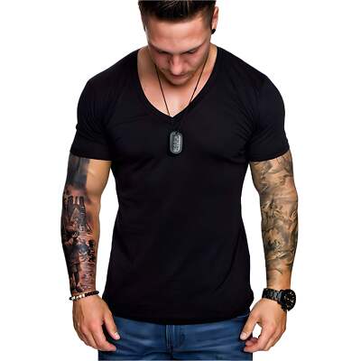 Men's Plus Size Casual V-Neck T-Shirt - Short Sleeve Solid Color Polyester Blend-image