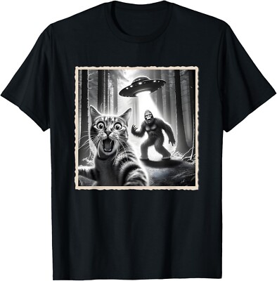 Cat Selfie With Bigfoot & UFO | Funny Sasquatch & Cat T-Shirt-image