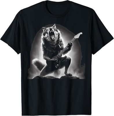 Wolf Playing Guitar Rock and Roll Rock Star Men, Women, Kids T-Shirt-image