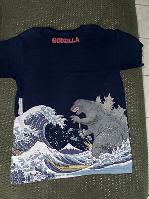 Godzilla Toho Co Ukiyoe Wave Print Art Navy Blue Short Sleeve Shirt Size Large-image