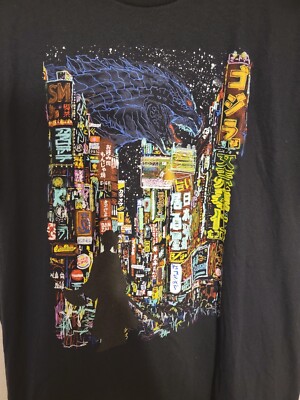 Threadless Kaiju City T-Shirt XL Black Cyberpunk Samurai Godzilla Graphic Tee-image