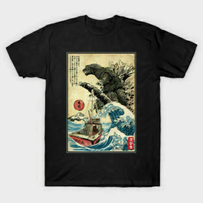 Great Wave Of Godzilla Japanese Monster Kaiju Movie Art T-Shirt Tee Gift-image