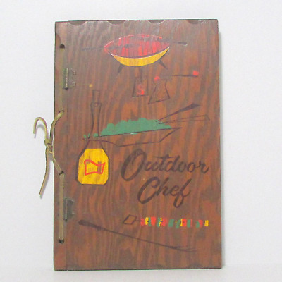 Solid Wood Covers BBQ Cookbook, Brass Hinges, leather string binding, 1950s-image