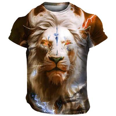 Men's Cartoon 3D Printed Lion Graphic Short Sleeve T-shirt in Sizes XS to 6XL --image