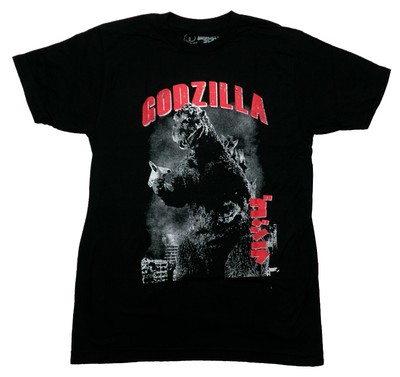 Godzilla  New Adult T-Shirt - Black & White Classic Destruction Under Red Title-image