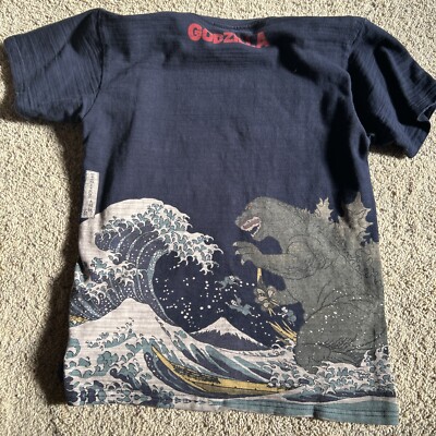 Godzilla x Ukiyoe Discharge T-shirt Great Waves Mt.Fuji Dark Navy Blue M Japan-image