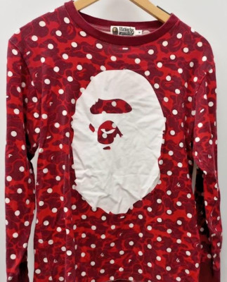 BAPE A Bathing Ape Red & White Graphic Print Long Sleeve BAPE AAPE REAL SZ M-image