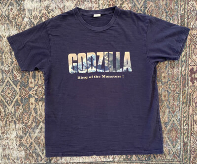 GODZILLA King of the Monsters SZ XL Toho Graphic Spellout T Shirt Blue-image