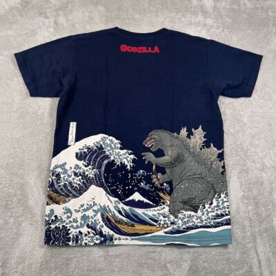 Godzilla Hokusai Wave Mt Fuji Graphic T-Shirt Mens Large Blue Short Sleeve Anime-image