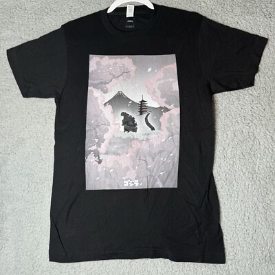 Godzilla Mt Fuji Cherry Blossom Silhouette Black Short Sleeve T-Shirt Small NWOT-image