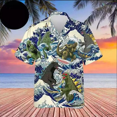 Godzilla Surfing Funny 2024 Trending Beach Hawaiian Shirt Size S-5XL-image