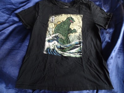 GODZILLA The Great Wave Black T-Shirt Sz L Funny Spoof Wearable Art Painting-image