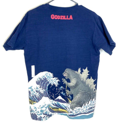 GODZILLA Toho Limited Japanese Traditional Ukiyoe Mt. Fuji Blue T Shirt L-XL-image