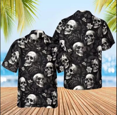 Black & White Skull Hawaiian Shirt Button Down Short Sleeve Shirt-image