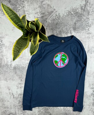 Stussy Streetwear RARE Peace Earth Pacifism Blue Longsleeve Y2K T Shirt-image