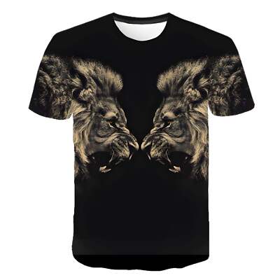 3D Lion Graphic Short Sleeve T-Shirt for Animal Lovers, Round Neck Polyester Mes-image