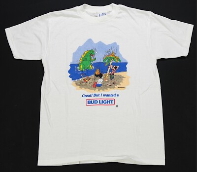 Rare VTG Great But I Wanted A Bud Light 1990 Godzilla Beach T Shirt 80s 90s XL-image
