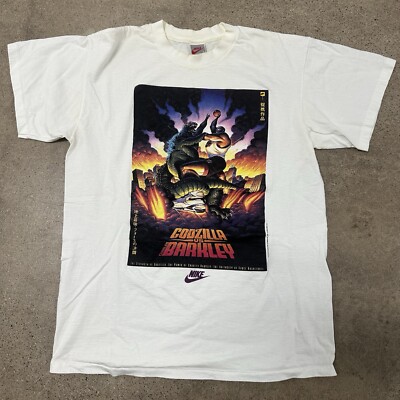 Rare VTG NIKE Charles Barkley vs Godzilla 1992 Spell Out Swoosh T Shirt 90s SZ L-image