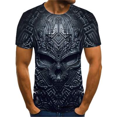 Casual Summer Skull Print Short Sleeve Shirt with Straight Hooded Collarless Des-image