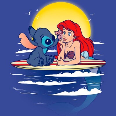 Disney THE LITTLE MERMAID Lilo & Stitch T-SHIRT Aloha Mermaid Ariel Art Tee NEW-image