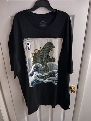 Godzilla T-Shirt Men 3XL Black Great Wave Kanagawa Crew Neck Short Sleeve SZ N85-image