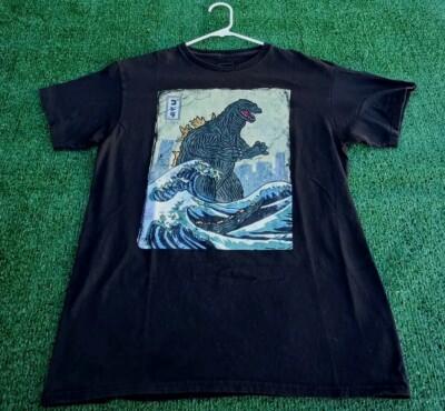 GODZILLA Kanagawa Wave Graphic T-Shirt Men's Size M Black Cotton Shirt GUC-image