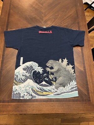 Godzilla Shirt Mens L Blue TOHO Co Ukiyoe Wave Attack Japan-image