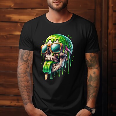 Melting Skull Ice Cream T-Shirt – Neon Streetwear Drip Tee – Cool Horror Graphic-image