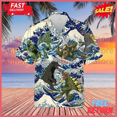 Godzilla Surfing Unisex Hawaiian Shirt 3d Vintage Beach Shirt Size S-5XL-image