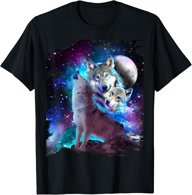 Cosmic Space Wolf Wolves Family Howling At Moon T-Shirt-image