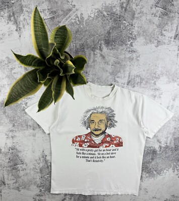 Vintage 90S Albert Einstein Humor Crazy Thrashed Y2K White Jersey T Shirt Tee-image