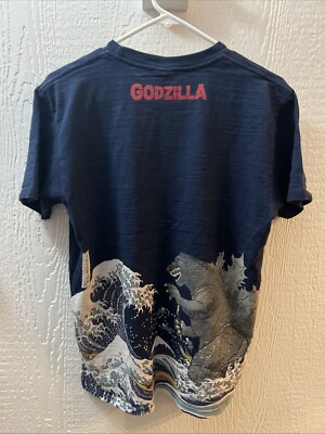 Godzilla x Ukiyoe Discharge T-shirt Great Waves Mt.Fuji Navy Blue Large Japan-image