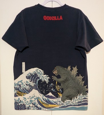 Godzilla Hokusai Great Wave TShirt Size XL /L Mt Fuji Graphic Blue Short Sleeve -image