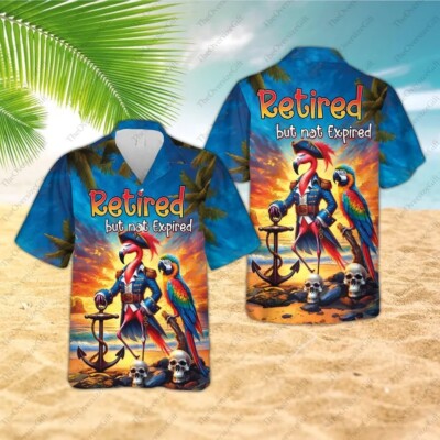 Flamingo Pirate Hawaiian Shirt, Retired But Not Expired Parrot Hawaiian Shirt-image
