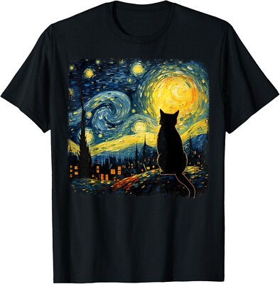 Cat Starry Night Van Gogh Cat For Cat Lover Cat Mom Cat Dad T-Shirt-image