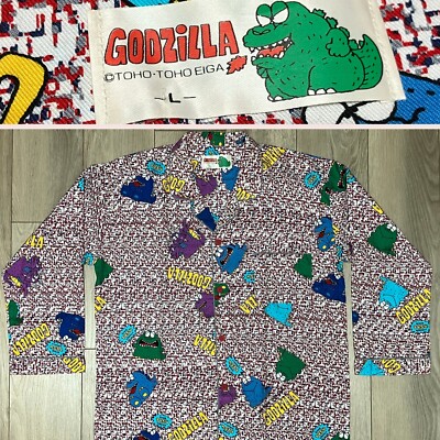 Vintage TOHO EIGA Godzilla Chibi SD All Over Print Button Up Shirt Pajama Size L-image