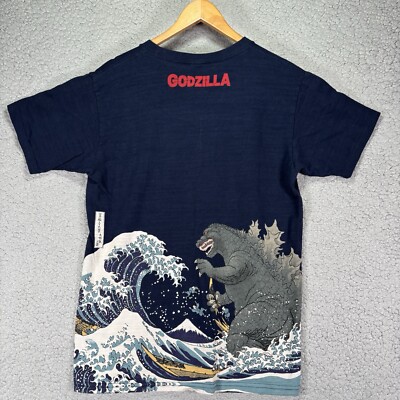 Godzilla T-Shirt All over print Navy Blue Ocean Waves S/S Size L  Rare promo-image
