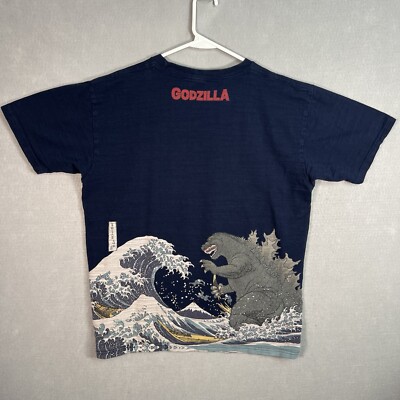 Godzilla Hokusai Wave Ukiyoe Mt Fuji Graphic T Shirt Adult Large Blue Mens-image