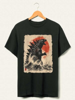 Retro Vintage Japanese Godzilla Great Wave T-Shirt, Godzilla and the Wave Full-image