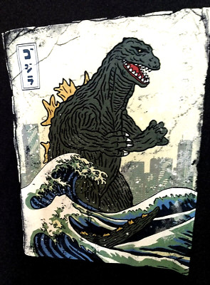 Godzilla Japanese Kaiju Monster Waves TOHO Black T-Shirt Sz Large New-image