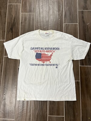 USA 90s Our Spirits Will Never Be Broken America Flag Patriotic T-Shirt L STAINS-image