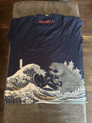 Godzilla Ukiyoe Tomo Co. Official Mt. Fuji Wave Textured Blue T-Shirt 2XL XXL-image