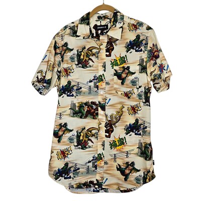 Betabrand Godzilla Button Up Shirt Short Sleeve Monster Print Beige Anime Size M-image