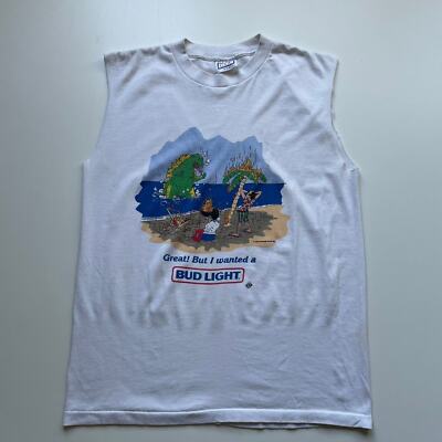 Vintage 1990s Bud Light Beer Promo Godzilla Graphic Sleeveless Shirt Medium Rare-image