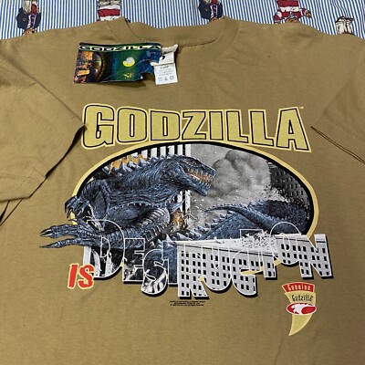 NWT NOS Vintage 1998 GODZILLA Graphic T shirt Adult XL Tan Destruction Cronies-image