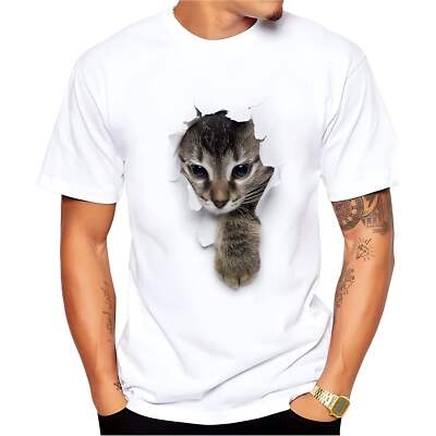 3D Cat Print Men's Short Sleeve T-Shirt in White - Casual Loose Round Neck Pullo-image