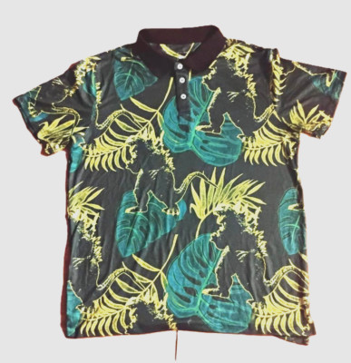 NEW Mens Green Godzilla Jungle Graphic Print Polo Shirt  (L) 42/44-image