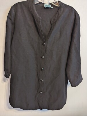 Hot Cotton Womens Linen Black Gothic Button Up Shirt Top Blouse SizeM 3/4 Sleeve-image